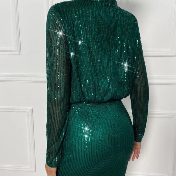 Luxe Long Sleeve Sequin Party Bodycon evening Dress - Picture 3 of 9